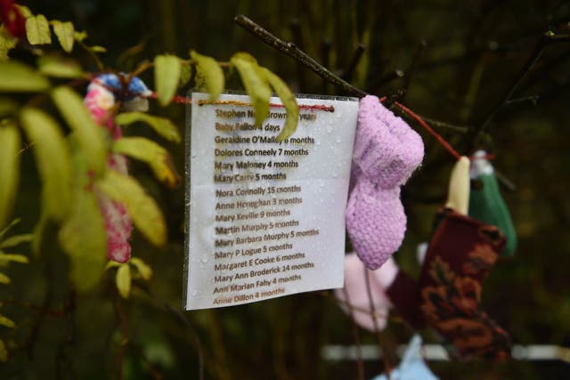<p>Names of some of the children who died at the Tuam Mother and Baby Home, as seen at the shrine which stands on a mass burial site, formerly part of the Bon Secours Mother and Baby Home</p>