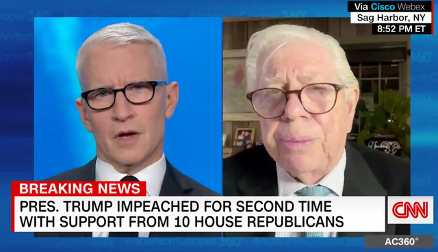 Veteran journalist Carl Bernstein gives his take on the second Trump impeachment to Anderson Cooper on CNN on 13 January 2021