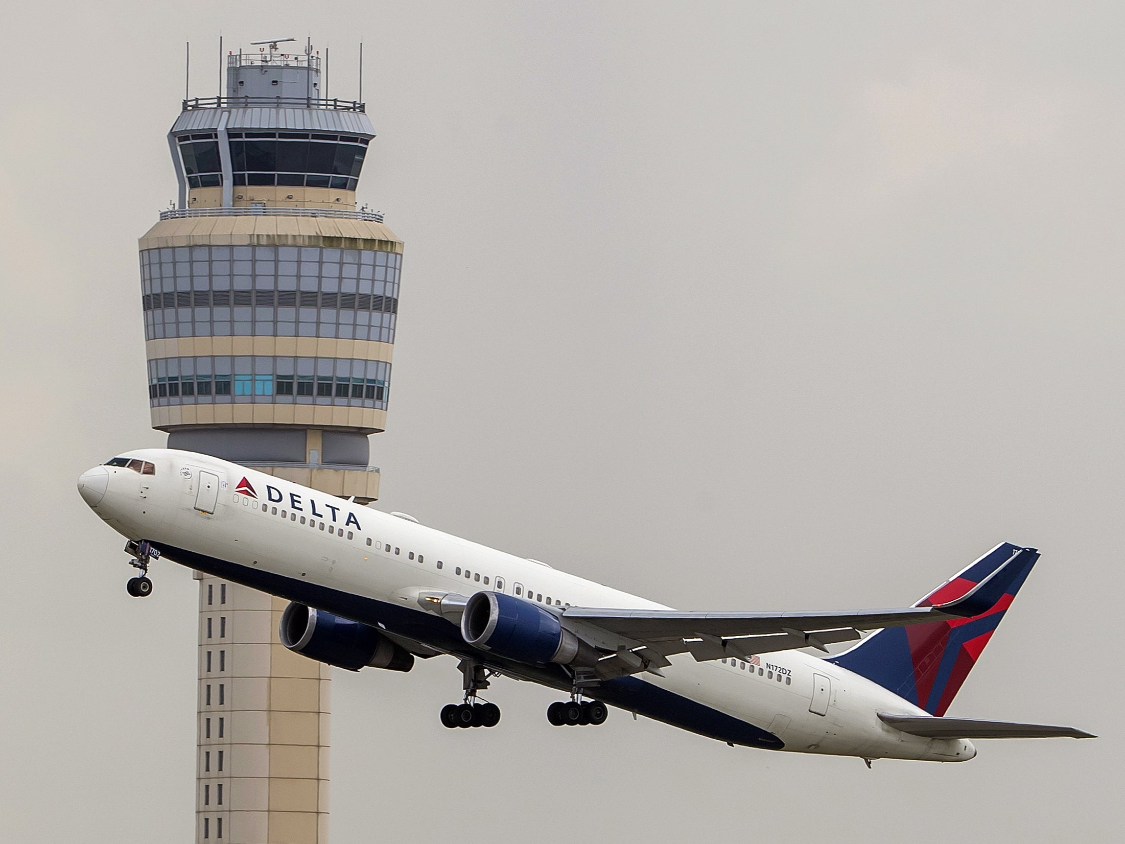 A Delta Air Lines Boeing 767-332 jet (Tail number N172DZ) takes off from Hartsfield-Jackson Atlanta International Airport in Atlanta, Georgia, on 15 July 2020