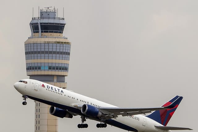 A Delta Air Lines Boeing 767-332 jet (Tail number N172DZ) takes off from Hartsfield-Jackson Atlanta International Airport in Atlanta, Georgia, on 15 July 2020 