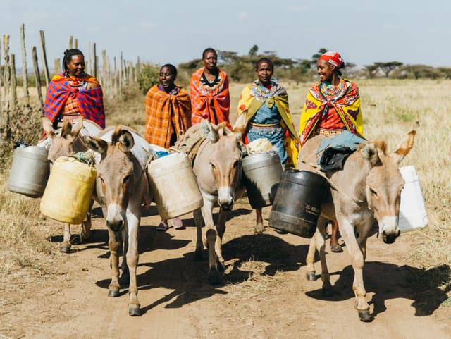 Women in Kenya walking with donkeys to fetch water 