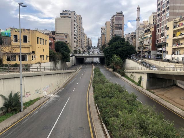 A view of empty road as Lebanon tightened lockdown and introduced a 24-hour curfew to curb the spread of the coronavirus disease (COVID-19) in Beirut