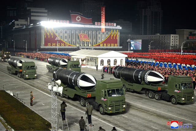 <p>This photo provided by the North Korean government shows missiles during a military parade in Pyongyang, North Korea on 14 January.&nbsp;</p>