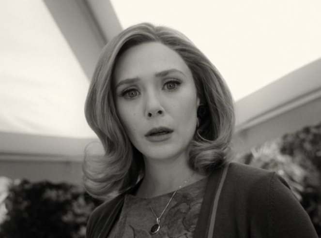 Elizabeth Olsen realising that the Fantastic Four could show up in ‘WandaVision’ (not really)