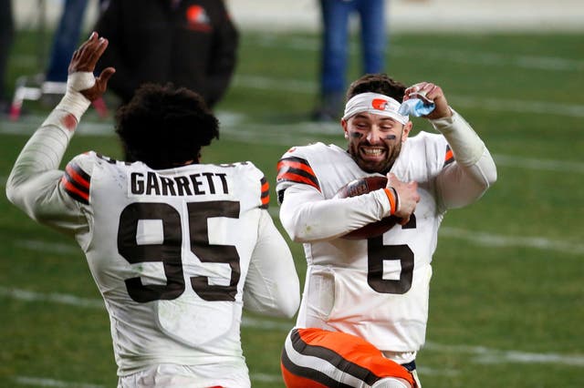 Baker Mayfield and Myles Garrett celebrate against the Pittsburgh Steelers