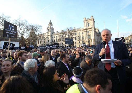 Jonathan Arkush, the then president of the Board of Deputies of British Jews, speaks during a 2018 protest against antisemitism in the Labour Party in Parliament Square, London
