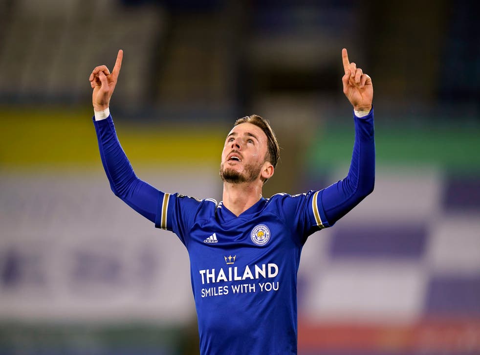 James Maddison celebrates after scoring for Leicester