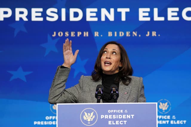 <p>Vice President-elect Kamala Harris, who will be sworn in on Wednesday by the country’s first Latina justice.</p>