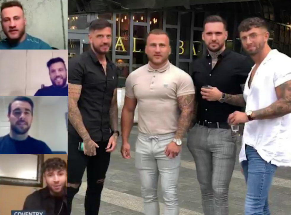 <p>The original ‘four lads in jeans’ photograph and, left, Jamie, Connor, Kevin and Alex on ‘Good Morning Britain’</p>