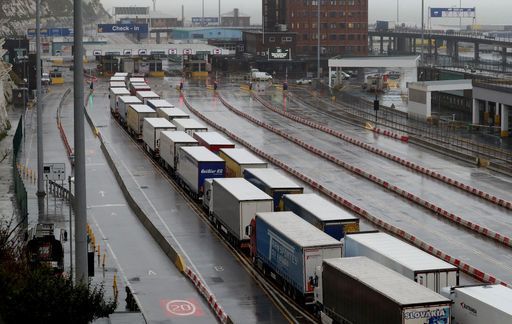 Freight lorries queueing at the check-in area for the Port of Dover in Kent, where Channel traffic has begun to build up following a quiet start to the year and the end of the transition period with the European Union on 31 December&nbsp;