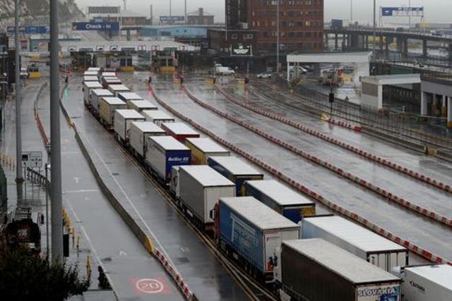 <p>Freight lorries queueing at the check-in area for the Port of Dover in Kent, where Channel traffic has begun to build up following a quiet start to the year and the end of the transition period with the European Union on 31 December&nbsp;</p>
