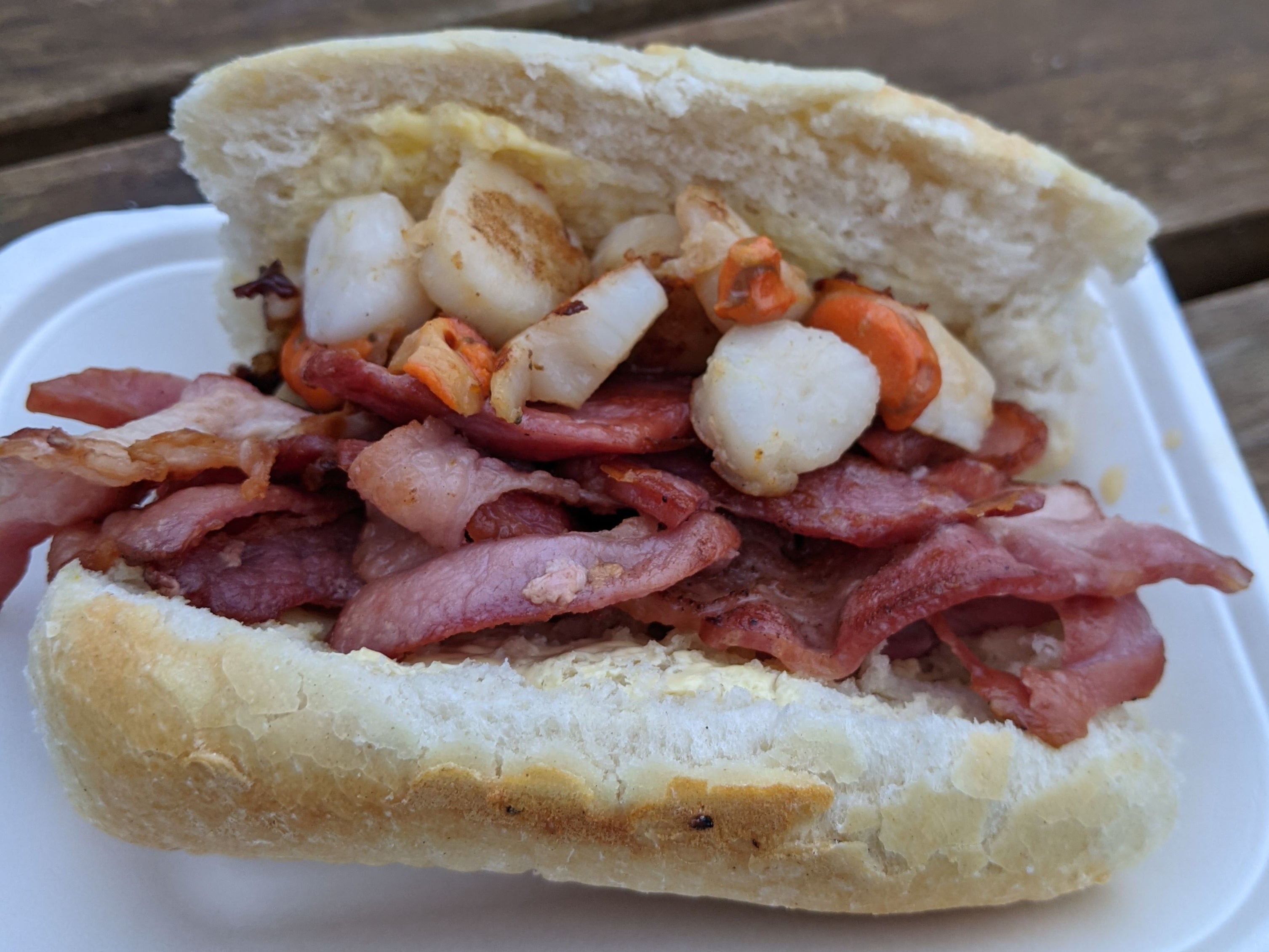 A bacon scallop roll makes for the ultimate pitstop snack