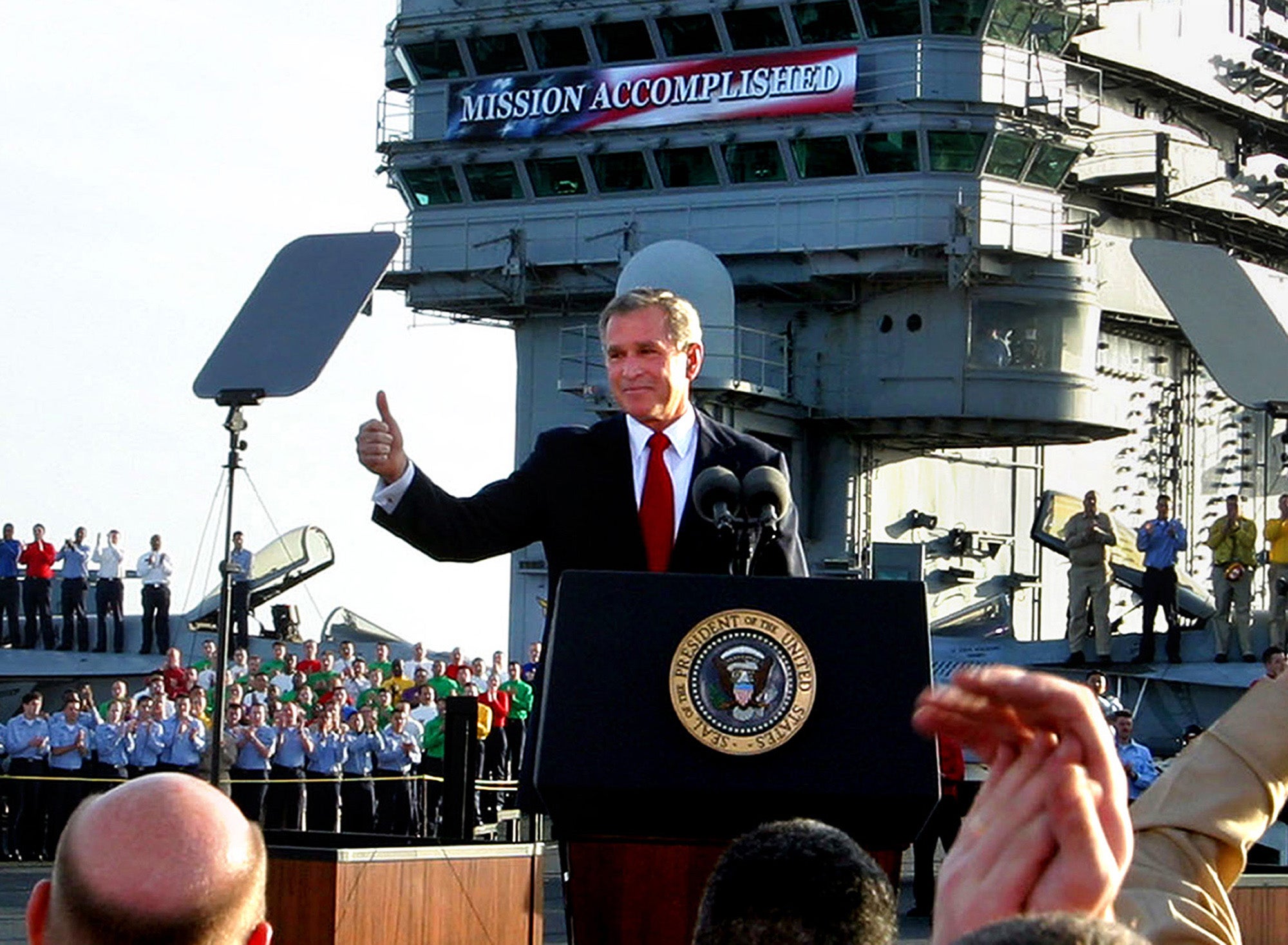 George W Bush declares ‘mission accomplished’ in Iraq aboard an aircraft carrier in 2003