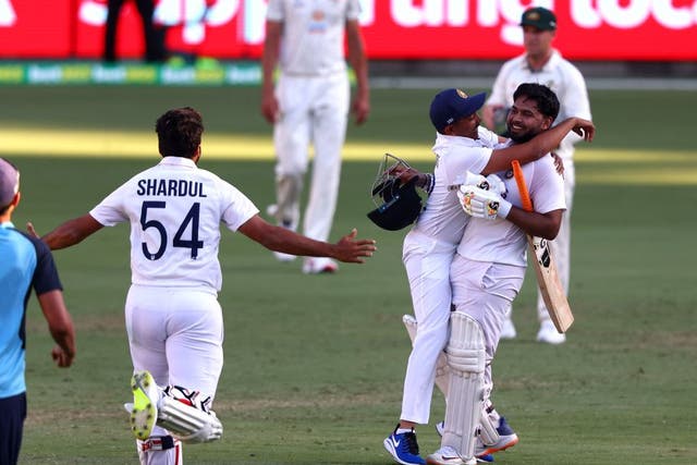 Rishabh Pant celebrates victory with teammates