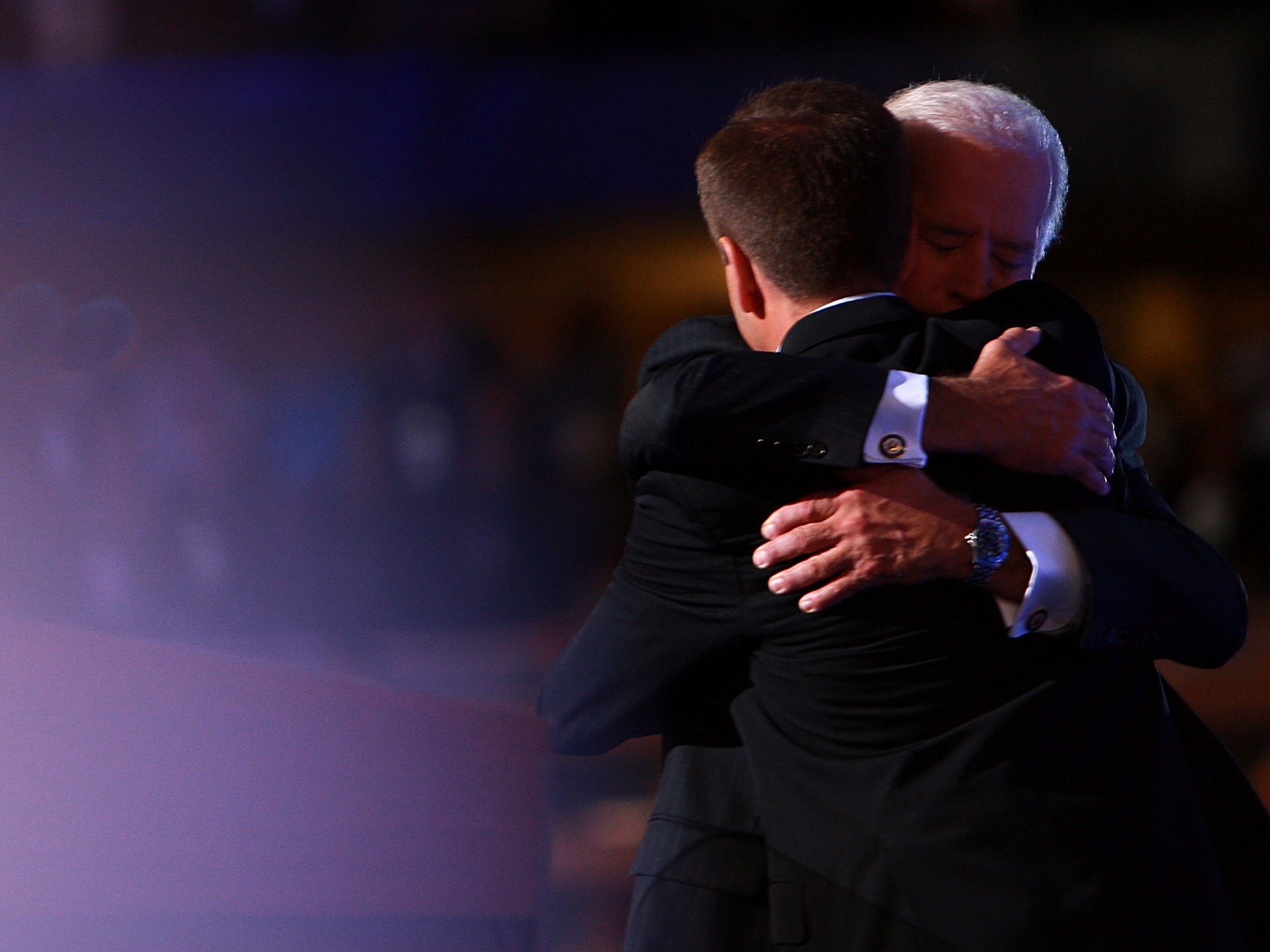 <p>Joe Biden hugs his late son Beau Biden, during day three of the Democratic National Convention (DNC) at the Pepsi Centre 27 August 2008 in Denver, Colorado</p>