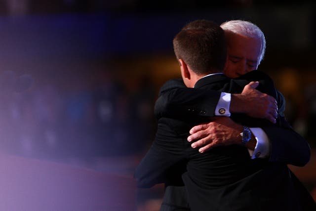 <p>Joe Biden hugs his late son Beau Biden, during day three of the Democratic National Convention (DNC) at the Pepsi Centre 27 August 2008 in Denver, Colorado</p>