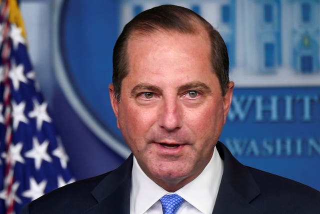 <p>US Health and Human Services (HHS) Secretary Alex Azar speaks during a news conference in the Brady Press Briefing Room of the White House in Washington, DC, on 23 August 2020</p>