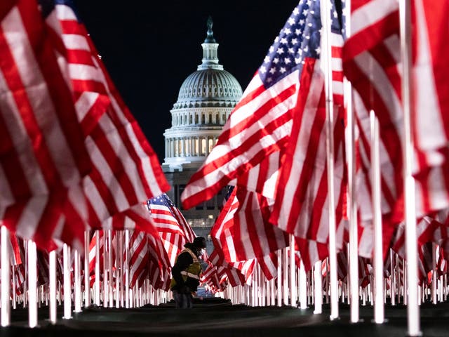 <p>A person walks through the public art display 'Field of Flags', made up of over 200,000 flags intended to represent the American people who are unable to attend the upcoming presidential inauguration</p>