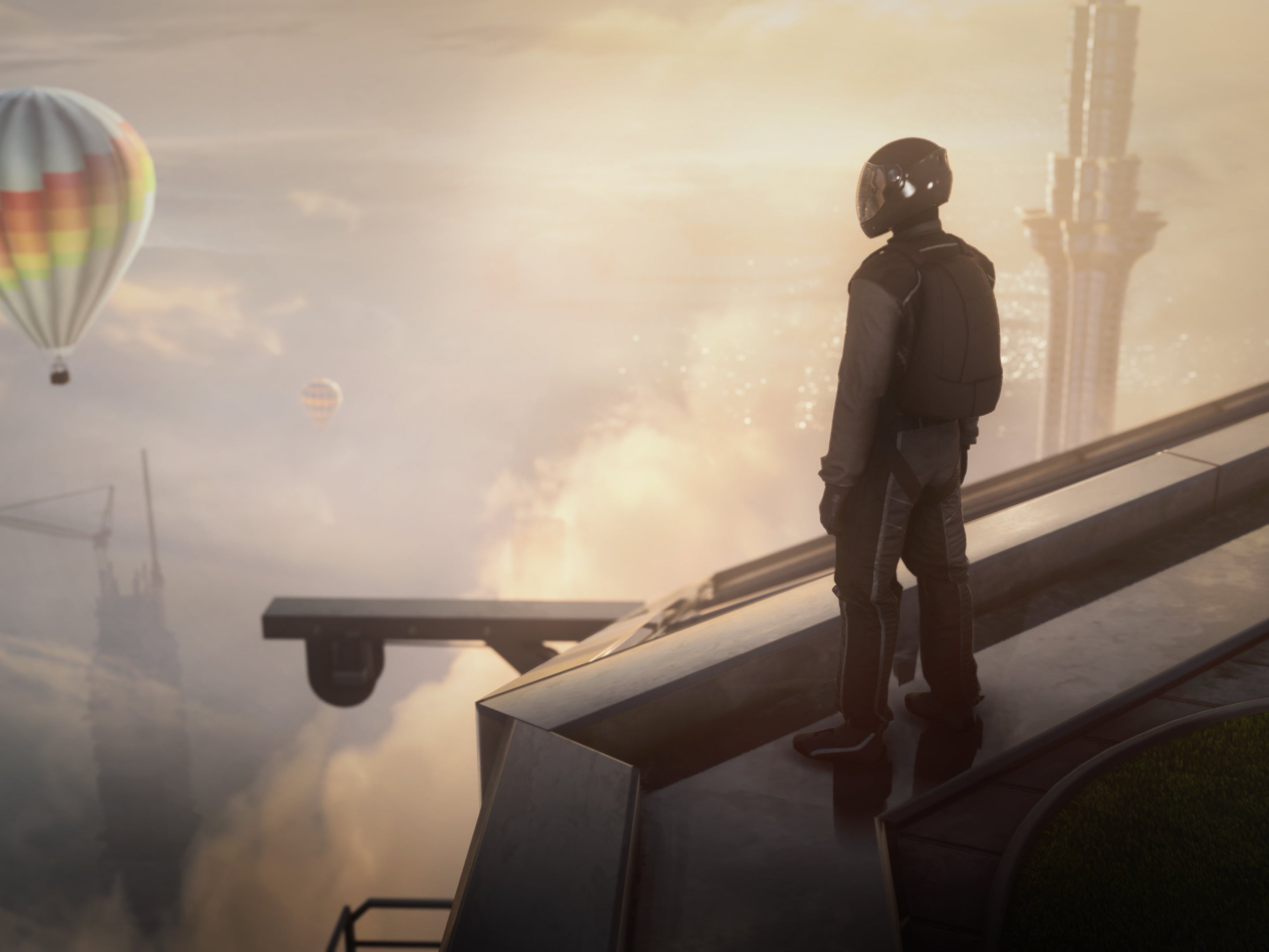 Agent 47 stands atop a skyscraper in the game’s first mission