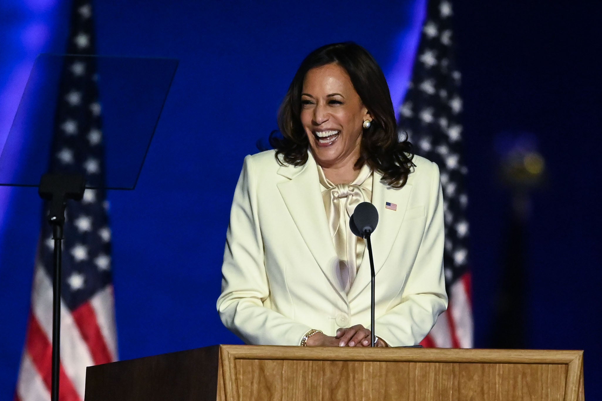 Harris in her white Carolina Herrera suit while addressing the nation from the Chase Center in Delaware in November, 2020