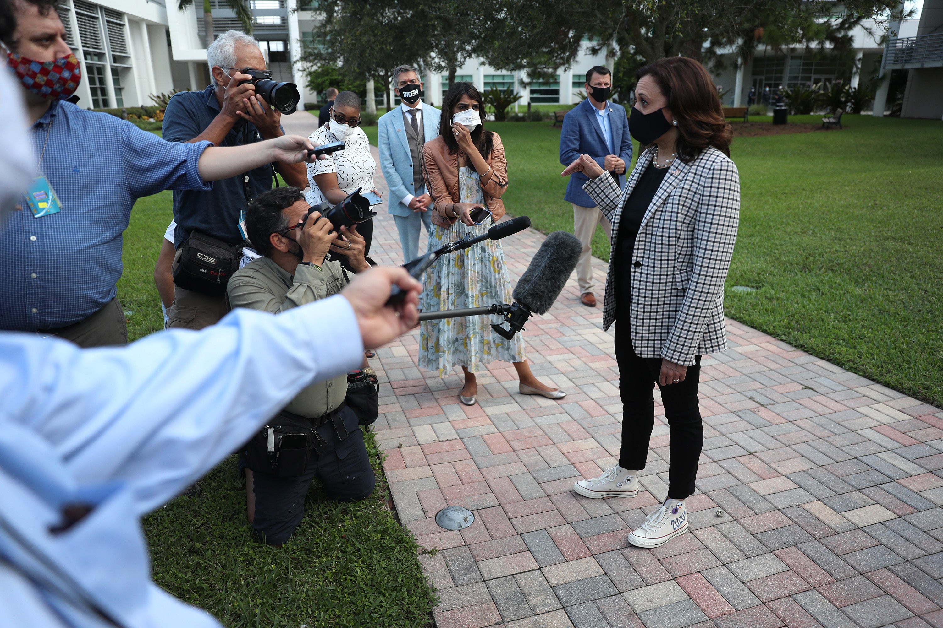 Harris in one of her signature looks before a campaign event at the Palm Beach State College in October, 2020
