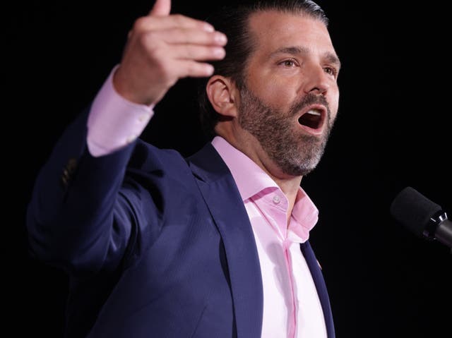 Donald Trump Jr, son of US President Donald Trump, speaks during a Republican National Committee Victory Rally 