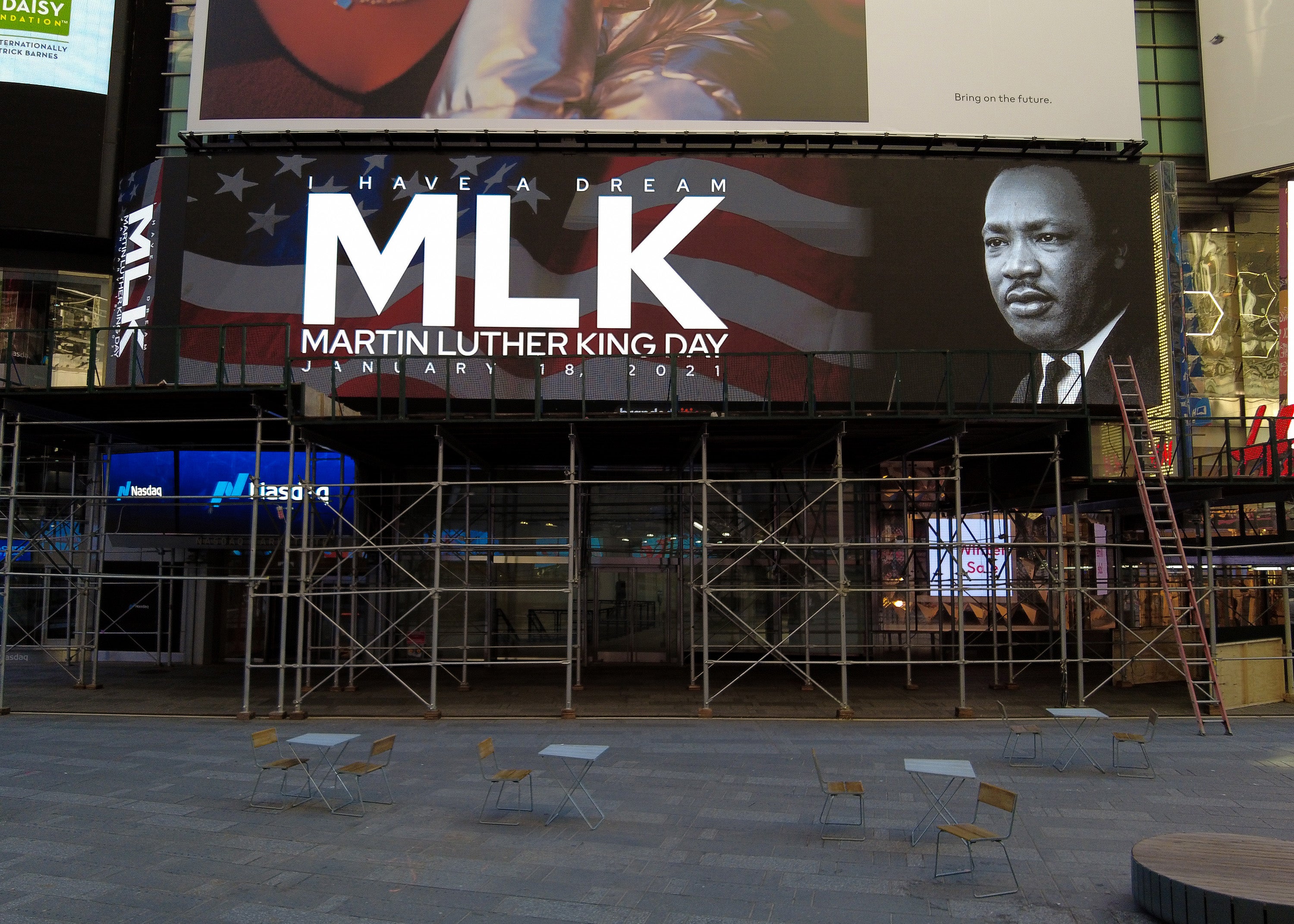 NEW YORK, NEW YORK - JANUARY 18: Digital billboards commemorate Martin Luther King, Jr. Day in Times Square on January 18, 2021 in New York City. (Photo by Dia Dipasupil/Getty Images)