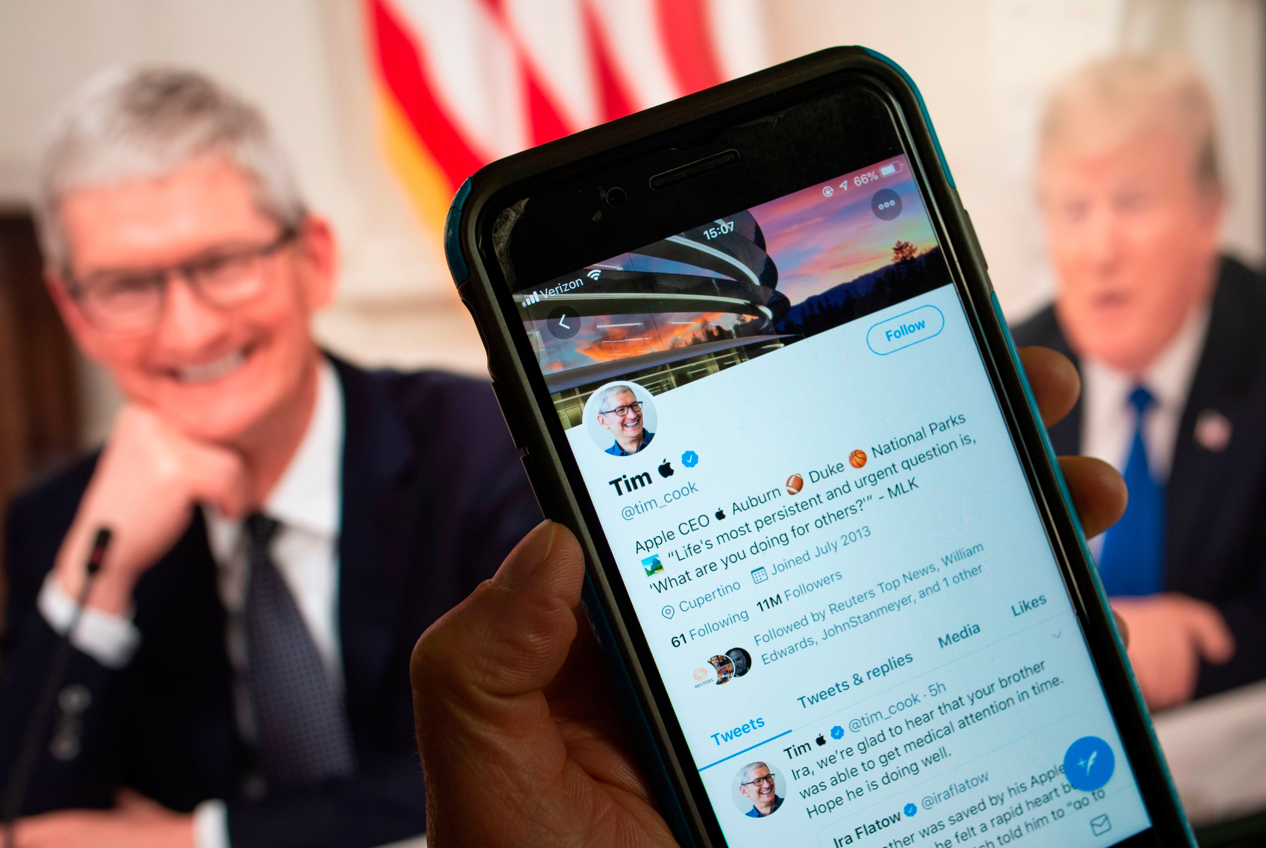 The Twitter feed of Apple chief executive Tim Cook, who turned into "Tim Apple" on social media Thursday, March 7, 2019 after a slip-up by US President Donald Trump sparked a viral moment on Twitter