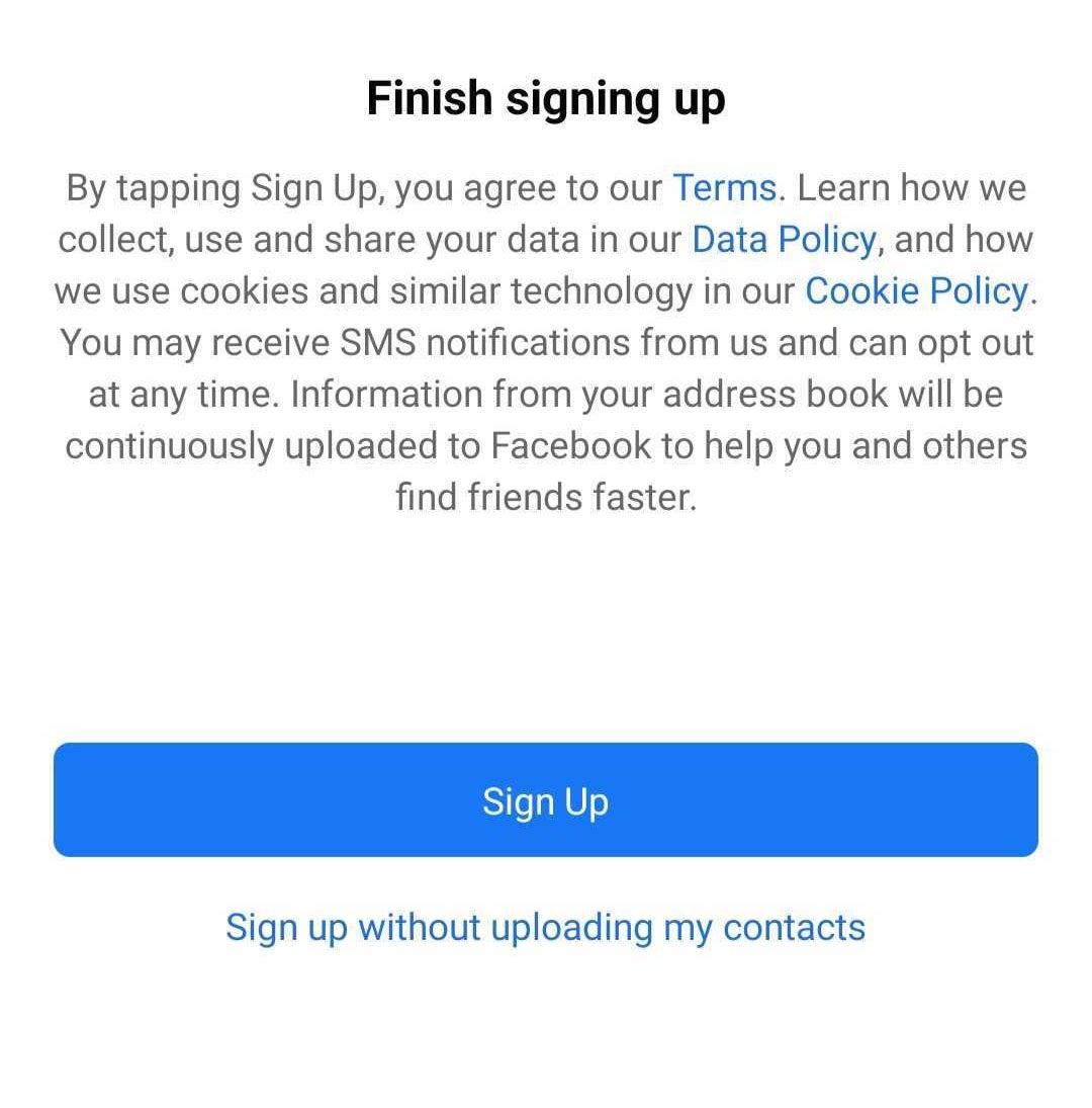 The Facebook sign-up screen