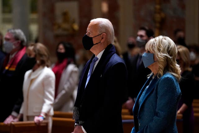 <p>President-elect Joe Biden is joined his wife Jill Biden as they celebrate Mass at the Cathedral of St. Matthew the Apostle during Inauguration Day ceremonies Wednesday on 20 January 2021, in Washington</p>