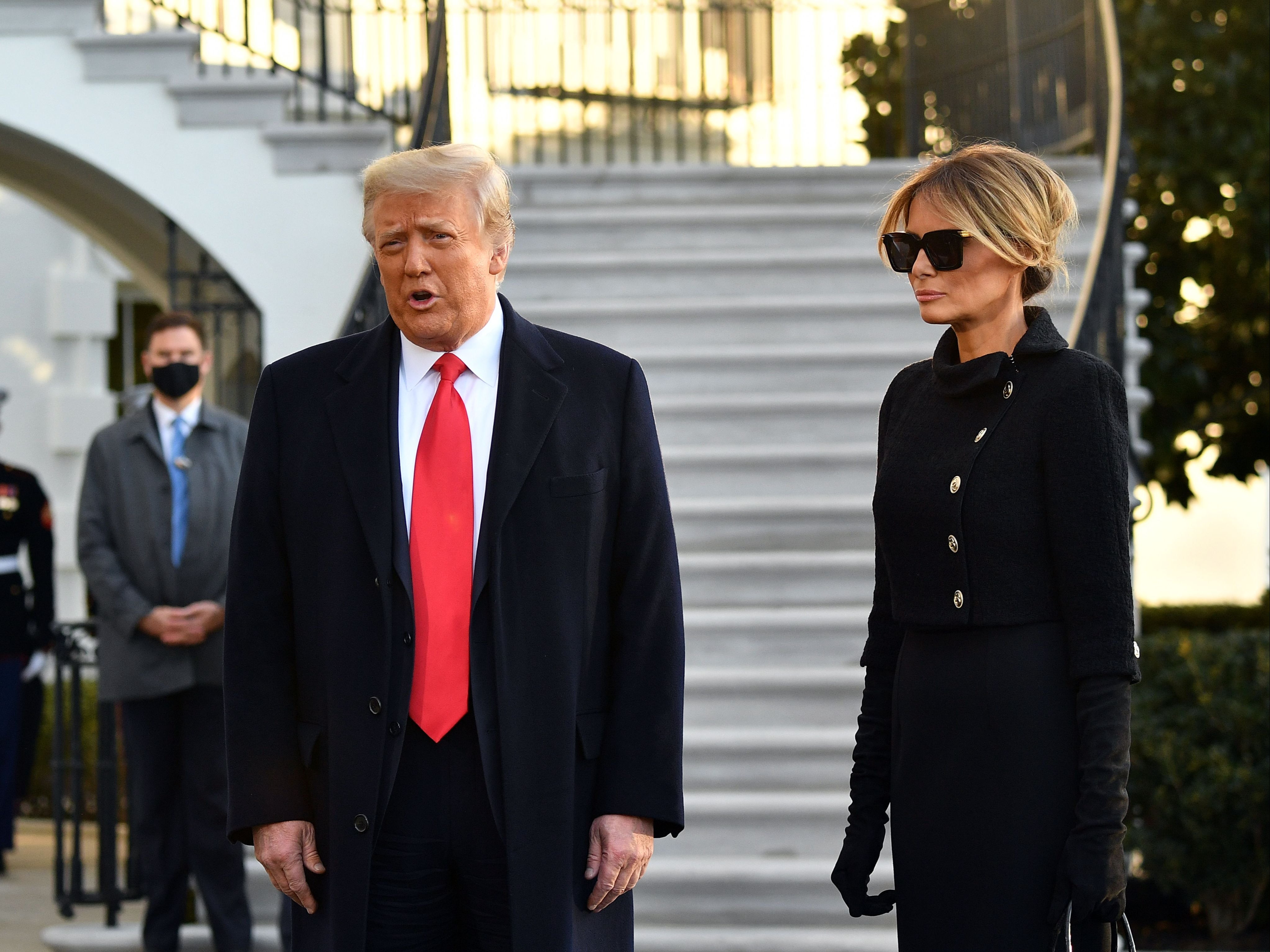 Donald Trump and Melania Trump depart the White House for the last time on the morning of Inauguration Day. The couple is eschewing the tradition of meeting the incoming first family and will not attend president-elect Biden’s inauguration. Ms Trump has not given incoming first lady, Jill Biden, a tour of the private residence and has reportedly not been in touch with her at all