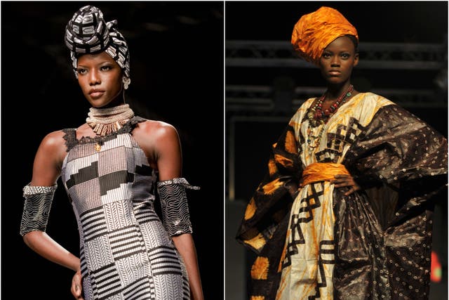 A look by Ghanaian designer Kofi Ansah, left, and one of Nigerian designer Alphadi’s creations, right