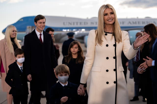 Ivanka Trump, senior adviser to President Trump, Jared Kushner, senior White House adviser, and their children arrive to a farewell ceremony at Joint Base Andrews, Maryland