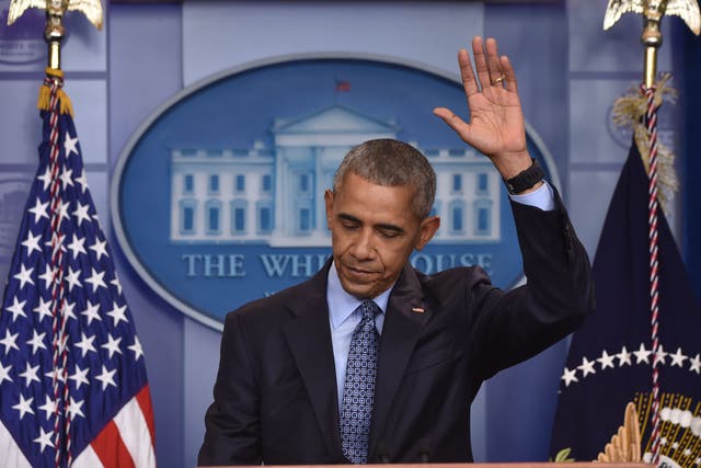 <p>US President Barack Obama gives his final presidential press conference on 18 January 2017 at the White House in Washington, DC</p>