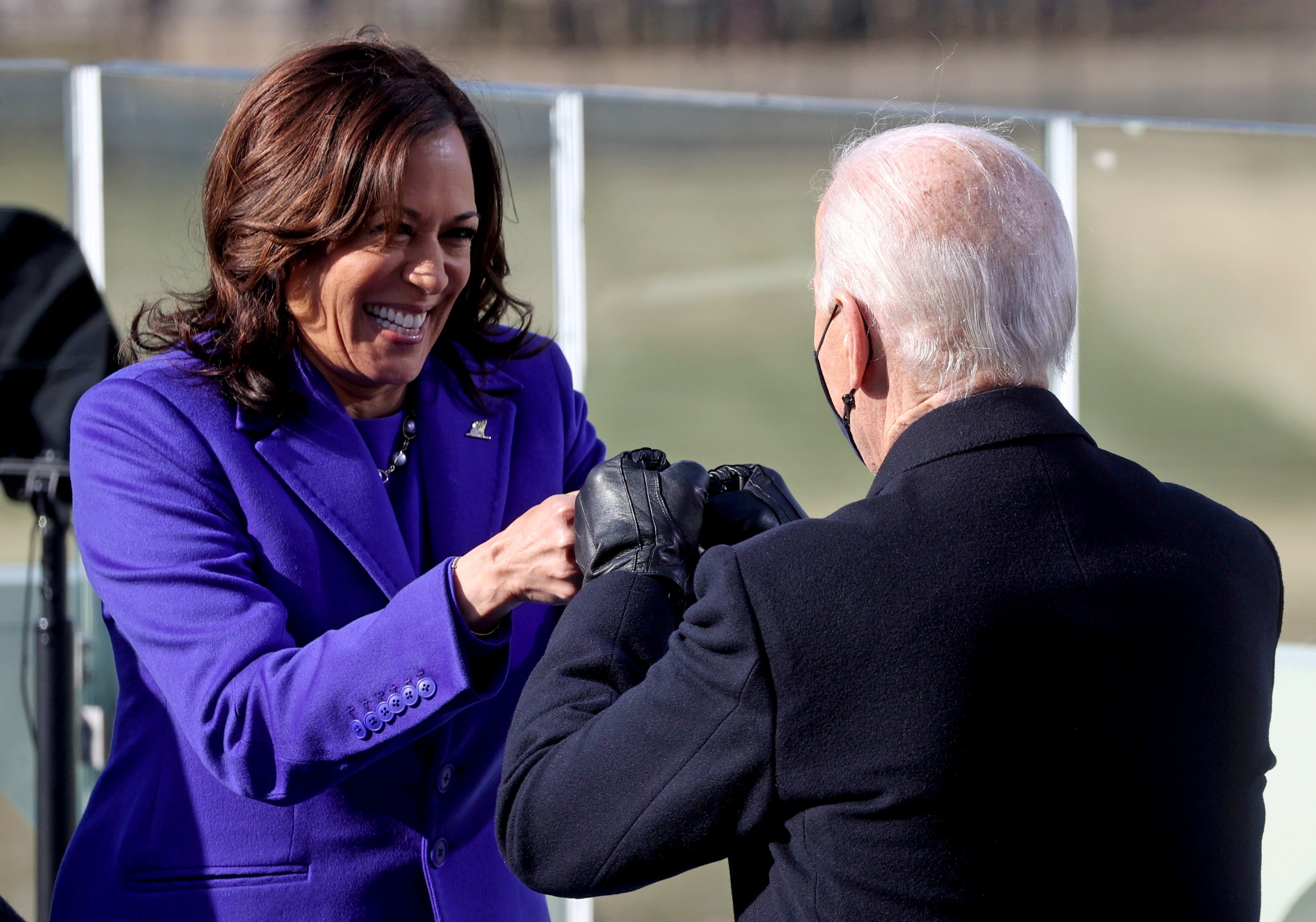 Vice president Kamala Harris celebrates with Biden