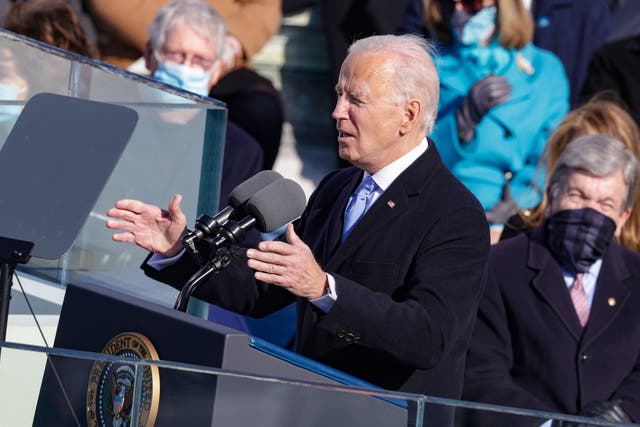 <p>US President Joe Biden delivers his inaugural address on the West Front of the Capitol on 20 January 2021 in Washington, DC</p>