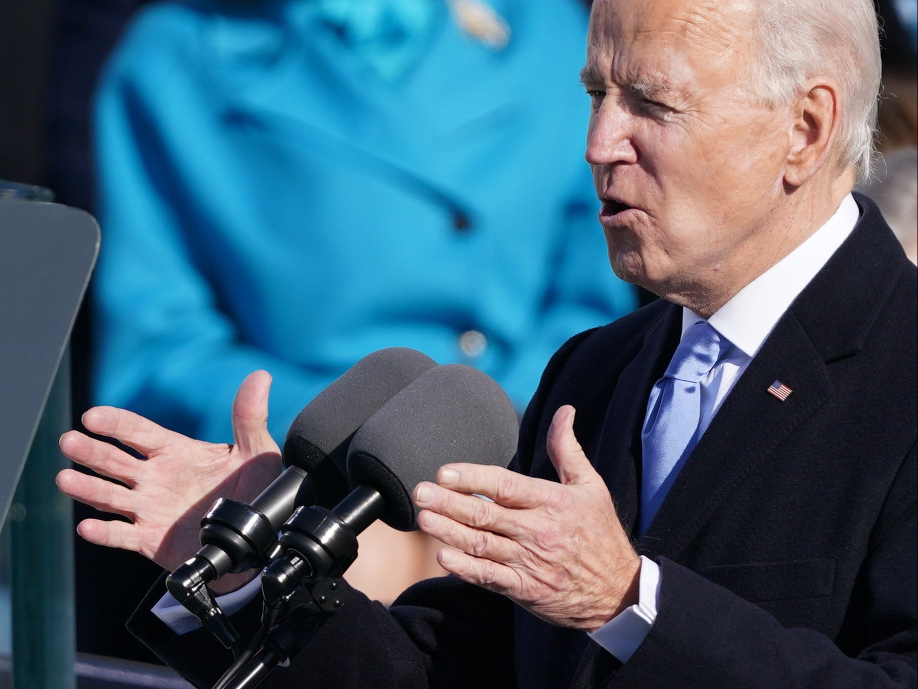 Joe Biden delivers a speech after being sworn in as the 46th President of the United States during which he addressed the severity of the coronavirus pandemic across the US, the rise of political extremism, and outlined a path towards unity for the nation