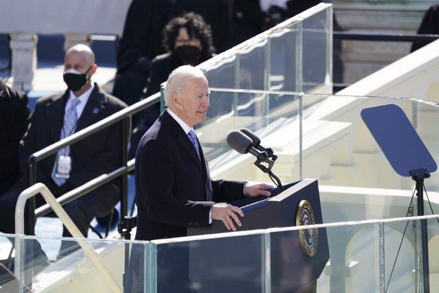 <p>US President Joe Biden delivers his inauguration speech after being sworn in as the 46th president of the US on 20 January 2021, at the US Capitol in Washington, DC</p>