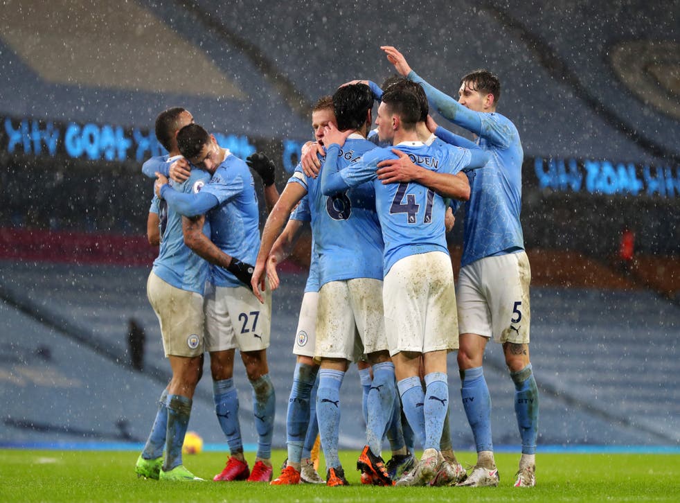 <p>City celebrate after Ilkay Gundogan’s penalty</p>