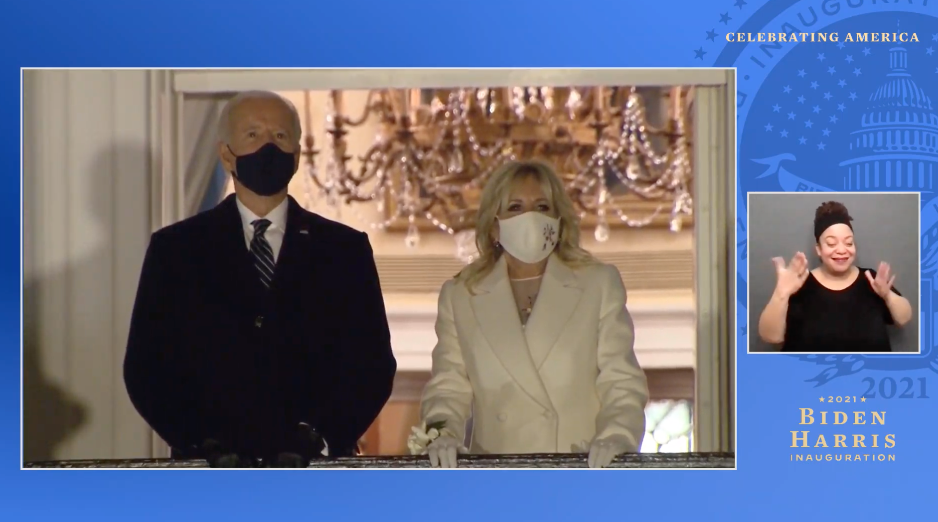President Joe and Dr Jill Biden watch fireworks during the inauguration broadcast