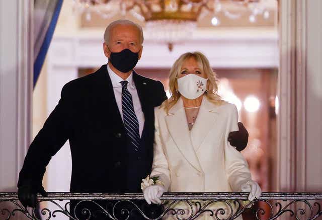 <p>US President Joe Biden and first lady Jill Biden watch fireworks from the White House after his inauguration as the 46th President of the country</p>