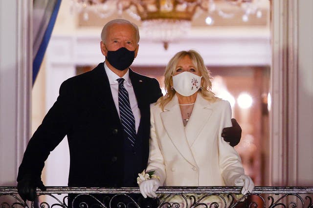 <p>US President Joe Biden and first lady Jill Biden watch fireworks from the White House after his inauguration as the 46th President of the country</p>