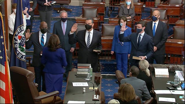 <p>In this screenshot of Senate floor video footage, Vice President Kamala Harris swears in senators at the start of a Congressional session </p>