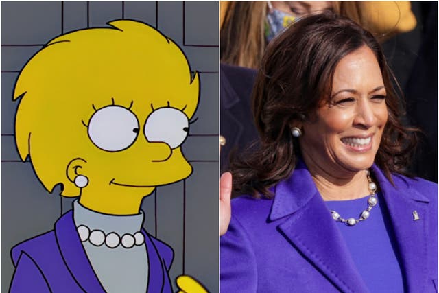 <p>President Lisa Simpson in The Simpsons episode ‘Bart to the Future’, and vice president Kamala Harris on 20 January</p>