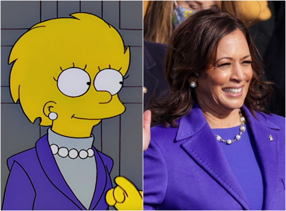 <p>President Lisa Simpson in The Simpsons episode ‘Bart to the Future’, and vice president Kamala Harris on 20 January</p>
