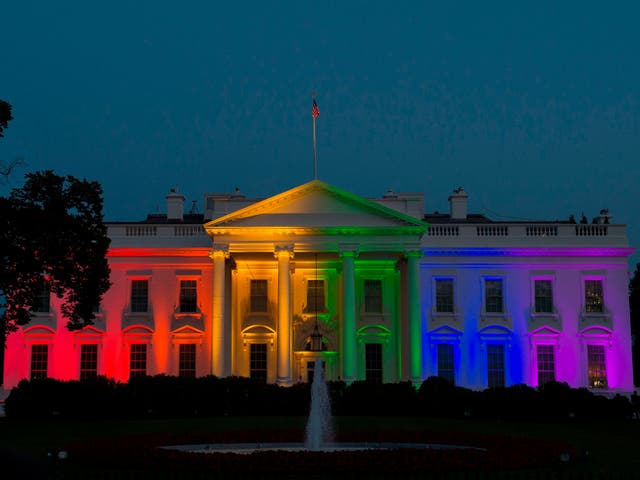 <p>The White House is blanketed in rainbow colours symbolising LGBT+ pride in Washington, DC on 26 June 2015</p>