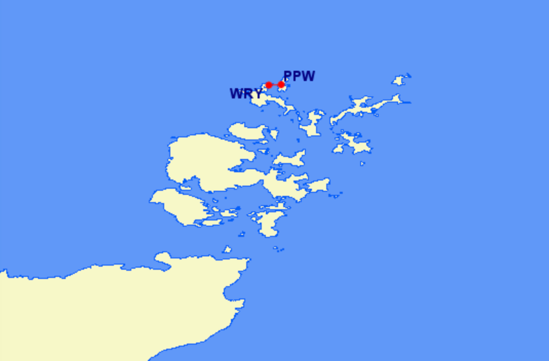 Short haul: The two-mile link between Westray (WRY) and Papa Westray (PPW) in Orkney