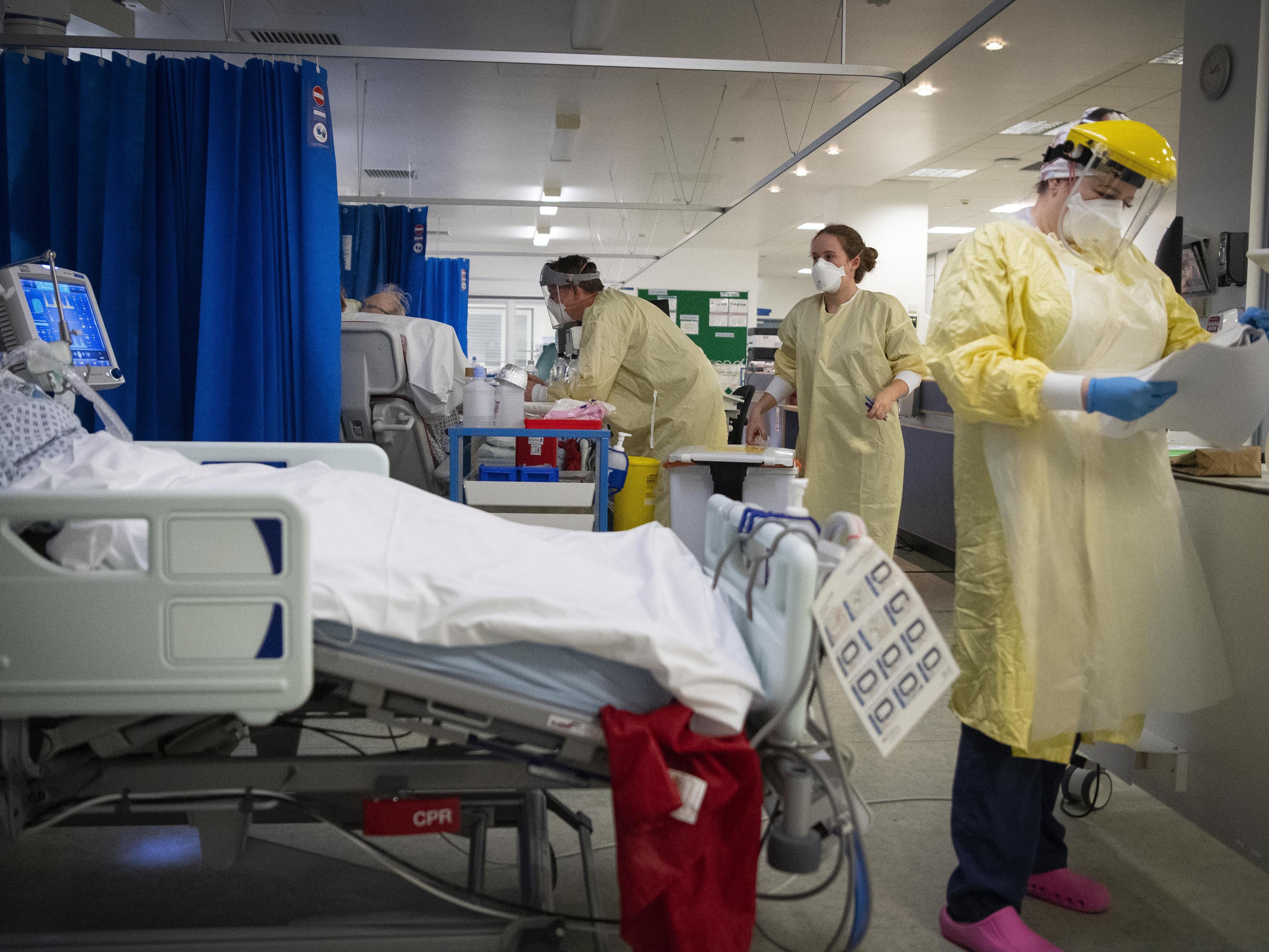Nurses treat patients in the ICU (Intensive Care Unit) at St George’s Hospital in Tooting, southwest London