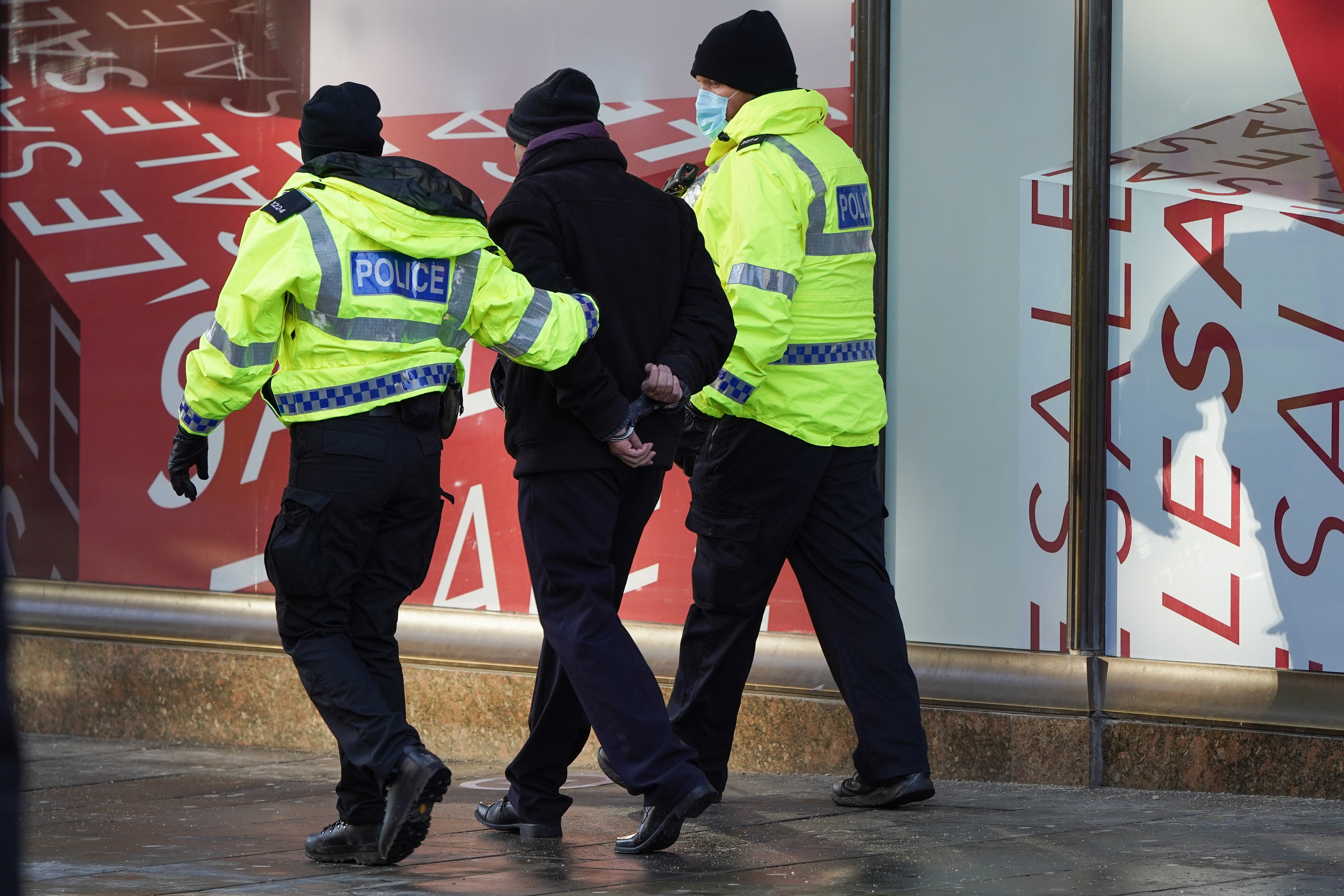An anti-lockdown protester is detained in Newcastle city centre. Priti Patel has praised the ‘selflessness’ of officers policing through the pandemic