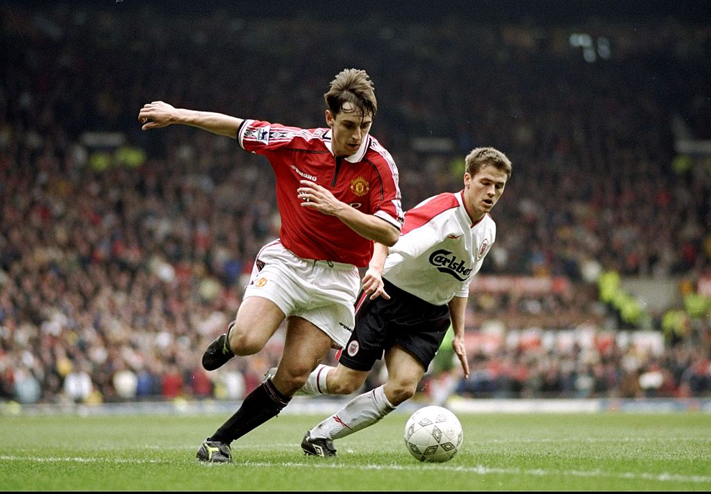 Gary Neville is closed down by Michael Owen during the 1999 FA Cup tie